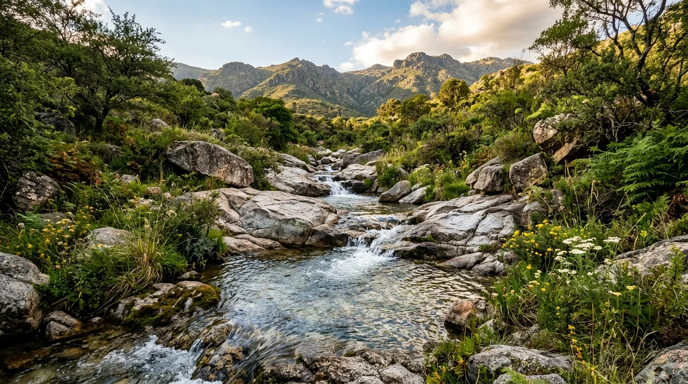 Sendero montañoso con arroyos transparentes en las Sierras Comechingones