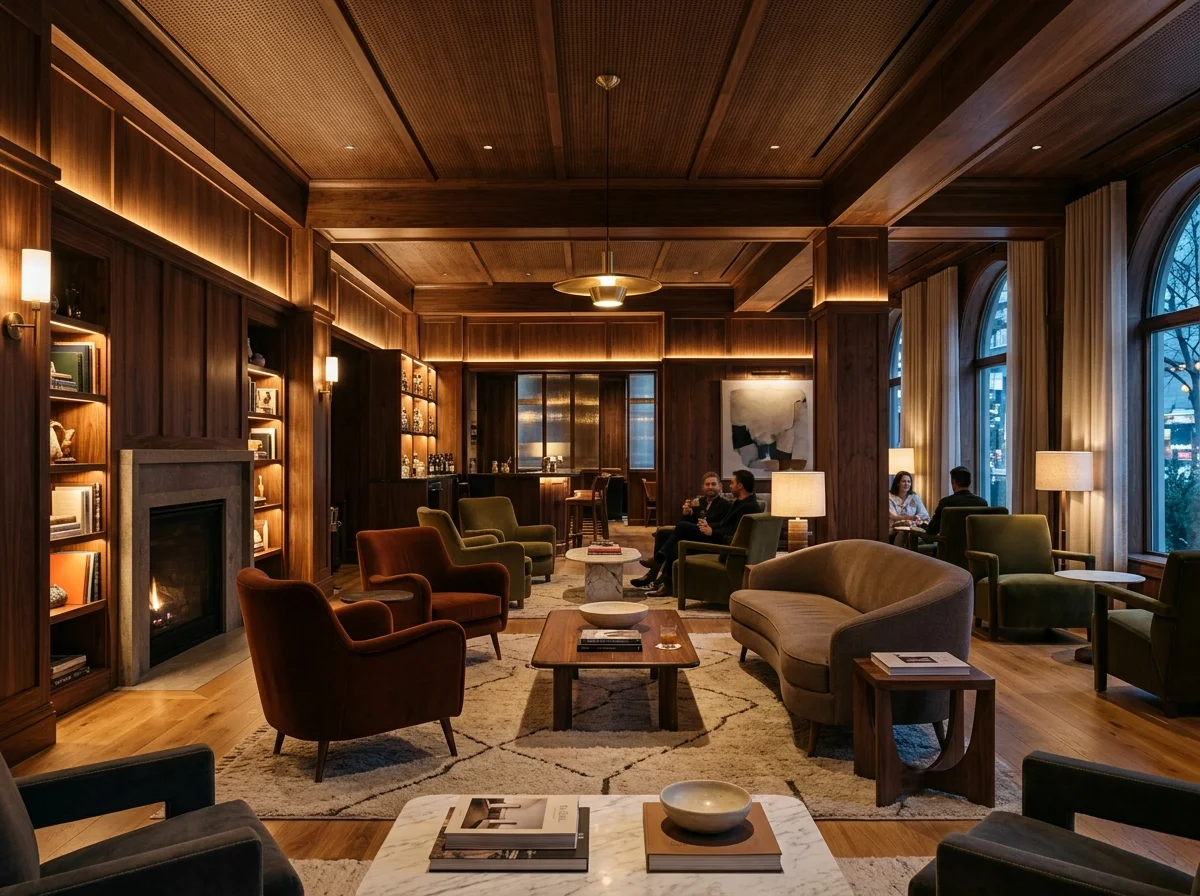 Interior sofisticado del lounge del Hotel El Cóndor